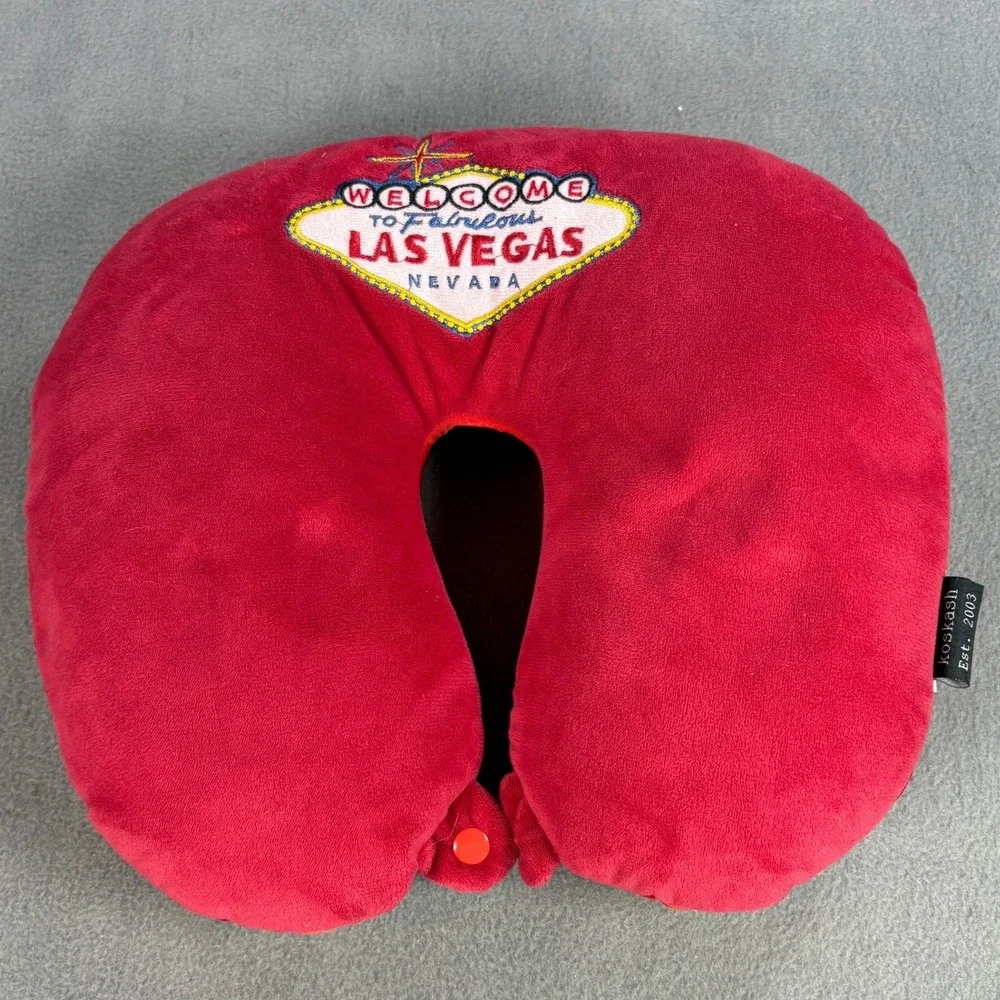 KosKash Las Vegas Nevada Souvenir Travel Neck Pillow Red Snap Closure Plush